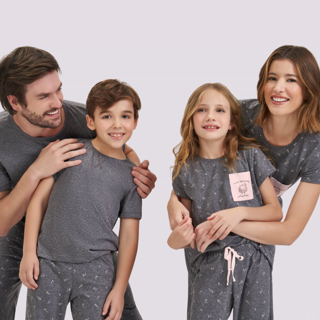 pijama cinza manga curta família cor com amor