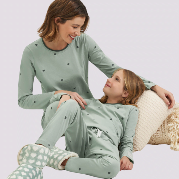 pijama verde manga longa mãe e filha cor com amor