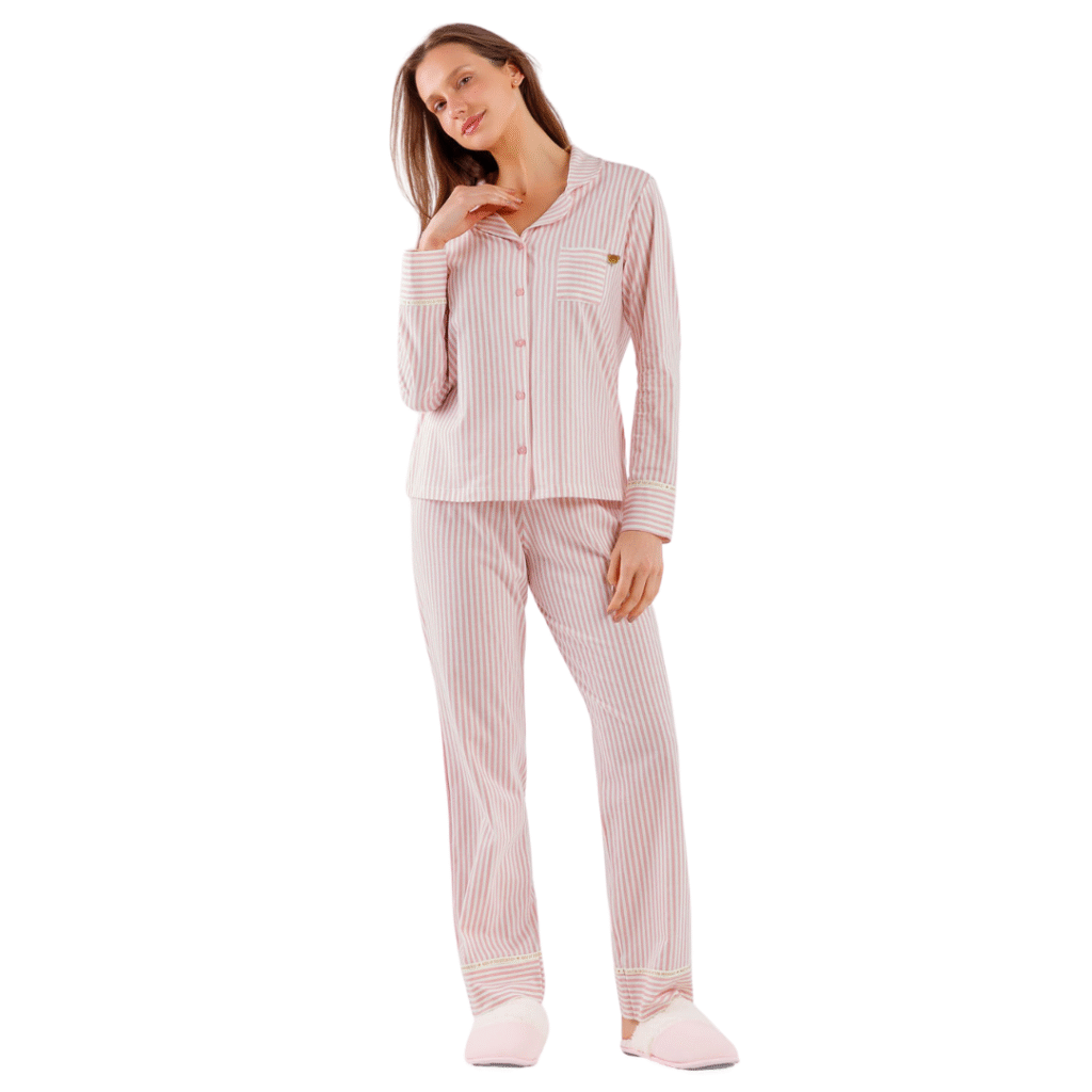 Pijama Feminino Americano 100% Algodão Rosa Listrado