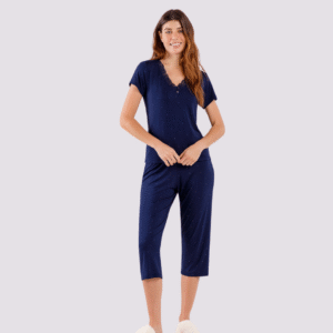 pijama feminino pantacourt azul poá
