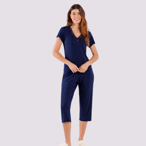 pijama feminino pantacourt azul poá