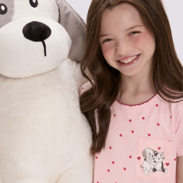 pijama curto menina gatinha e cachorrinho cor com amor