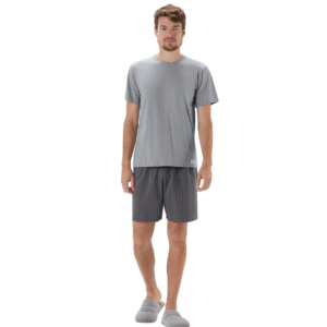 Pijama Masculino Manga Curta com Bermuda Cinza Listrado